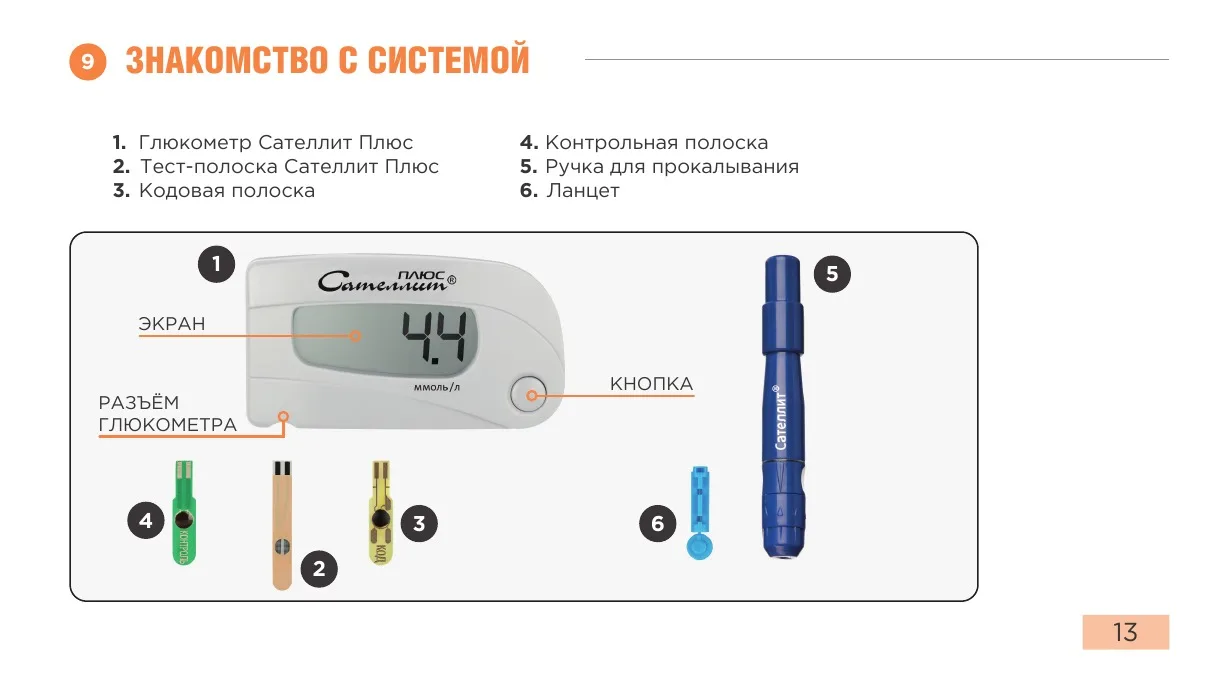 Глюкометр, тест-полоска, кодовая и контрольная полоски, ручка и ланцет Сателлит Плюс